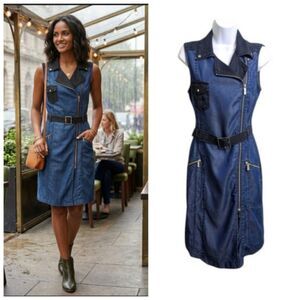 Karen Millen Moto Inspired Denim Like 2 Tone Blue Dress Sleeveless Zip Belted 6